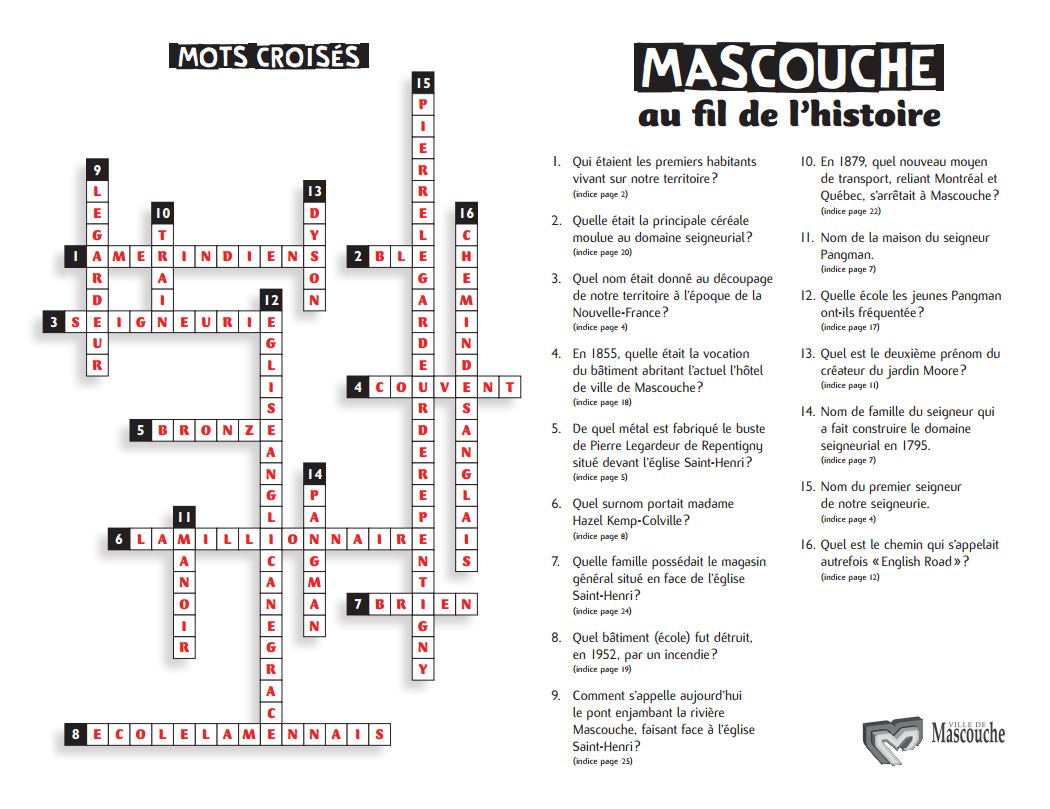 Solution au mots croisés Mascouche au fil de l'histoire